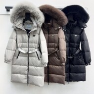 프라다 후드 롱 패딩  화이트 구스다운 너구리퍼